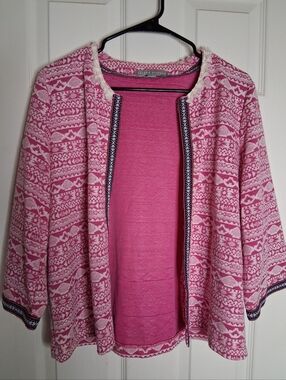 Vintage Valerie Stevens Pink and White Boho Patterned Open-Front Cardigan SZ L